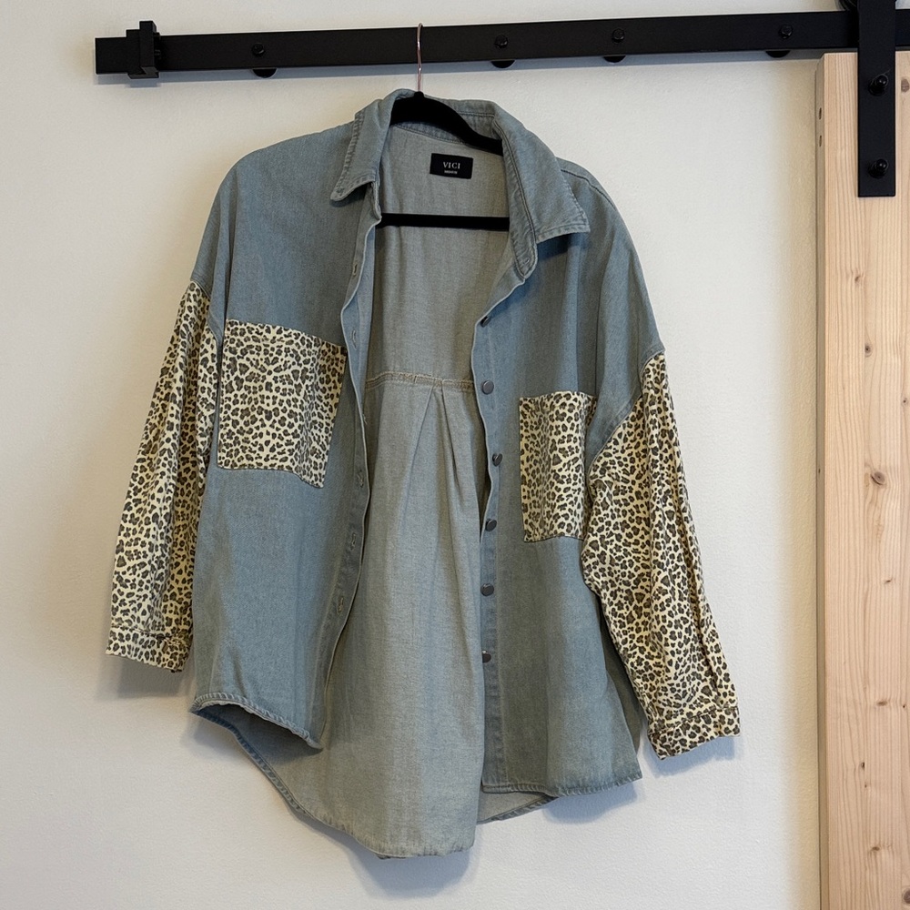 Vici Denim and Leopard Print Jacket